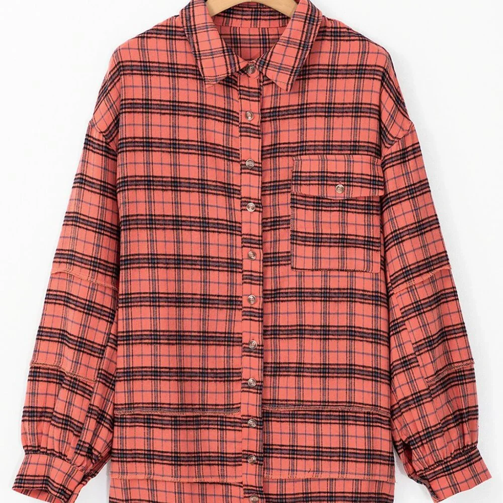 B308 Red Plaid Long Sleeve Side Split Distressed Hem Button Up Shirt - Picture 4 of 9